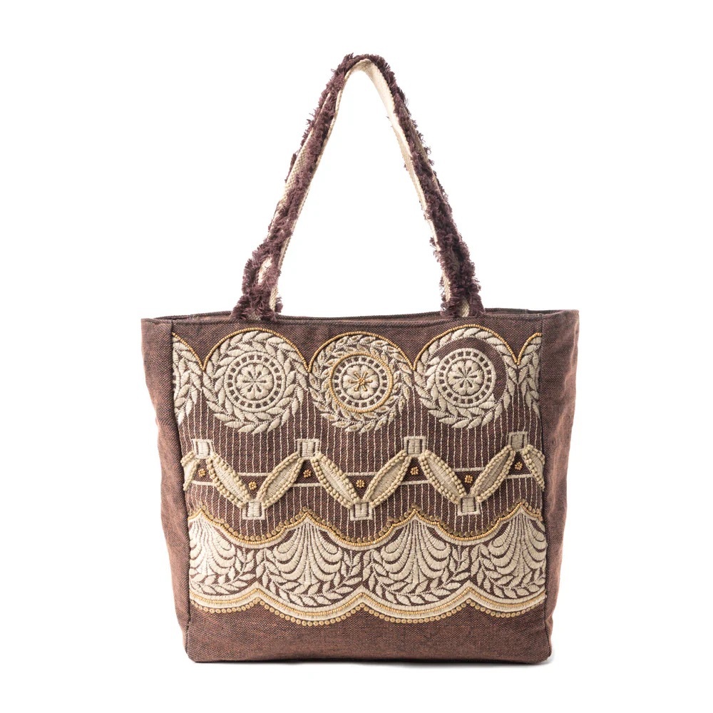 Myra Bag Brown Tote with Cream Embroidery - Picture 3 of 6